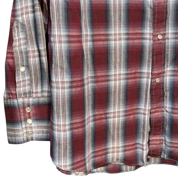 Excellent! Ely Cattleman men’s burgundy grey white plaid western shirt size L - Picture 2 of 6